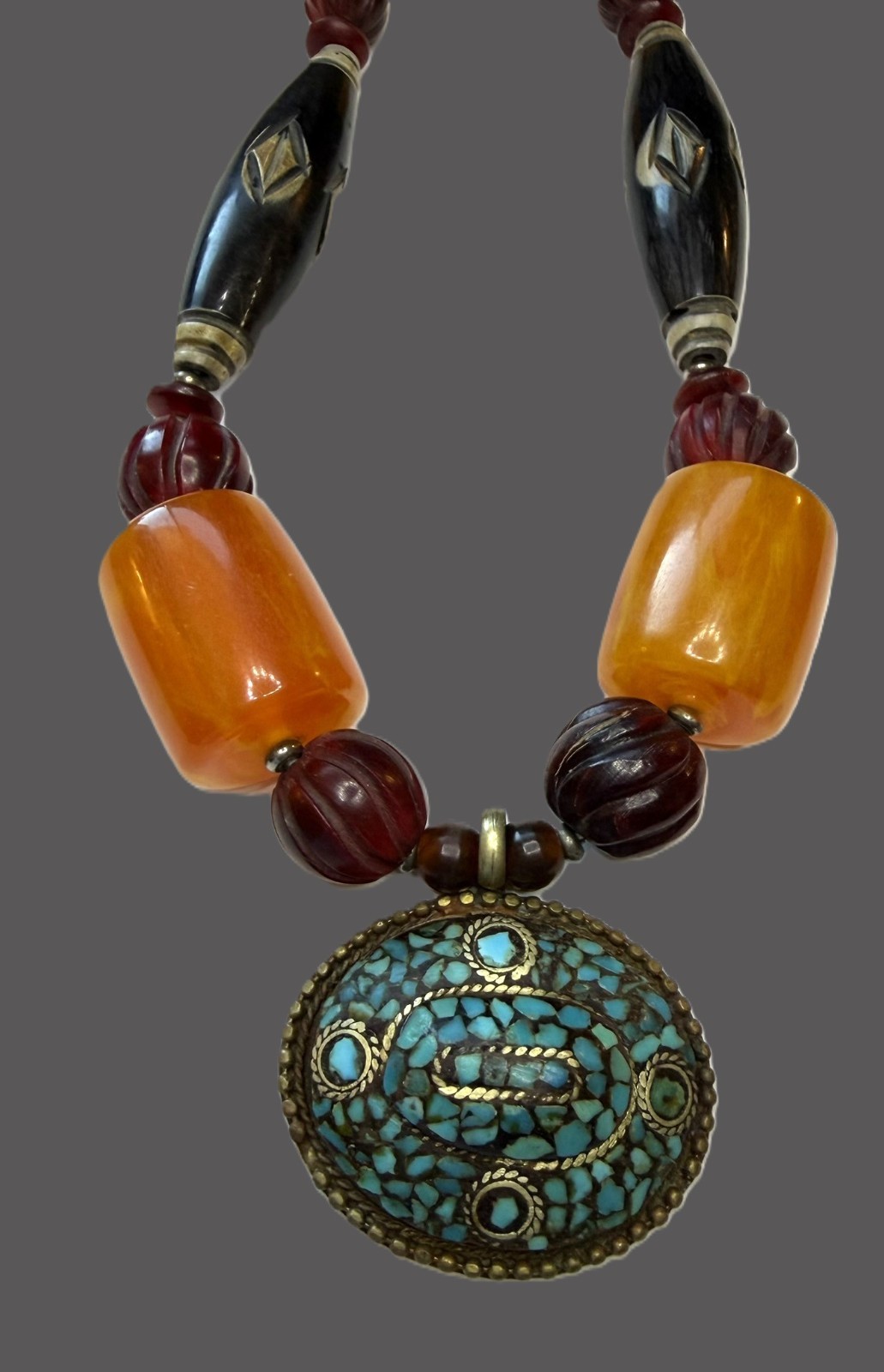 Vintage Tibetan Style Mosaic Pendant Necklace Butterscotch Resin Bone Beads 26″