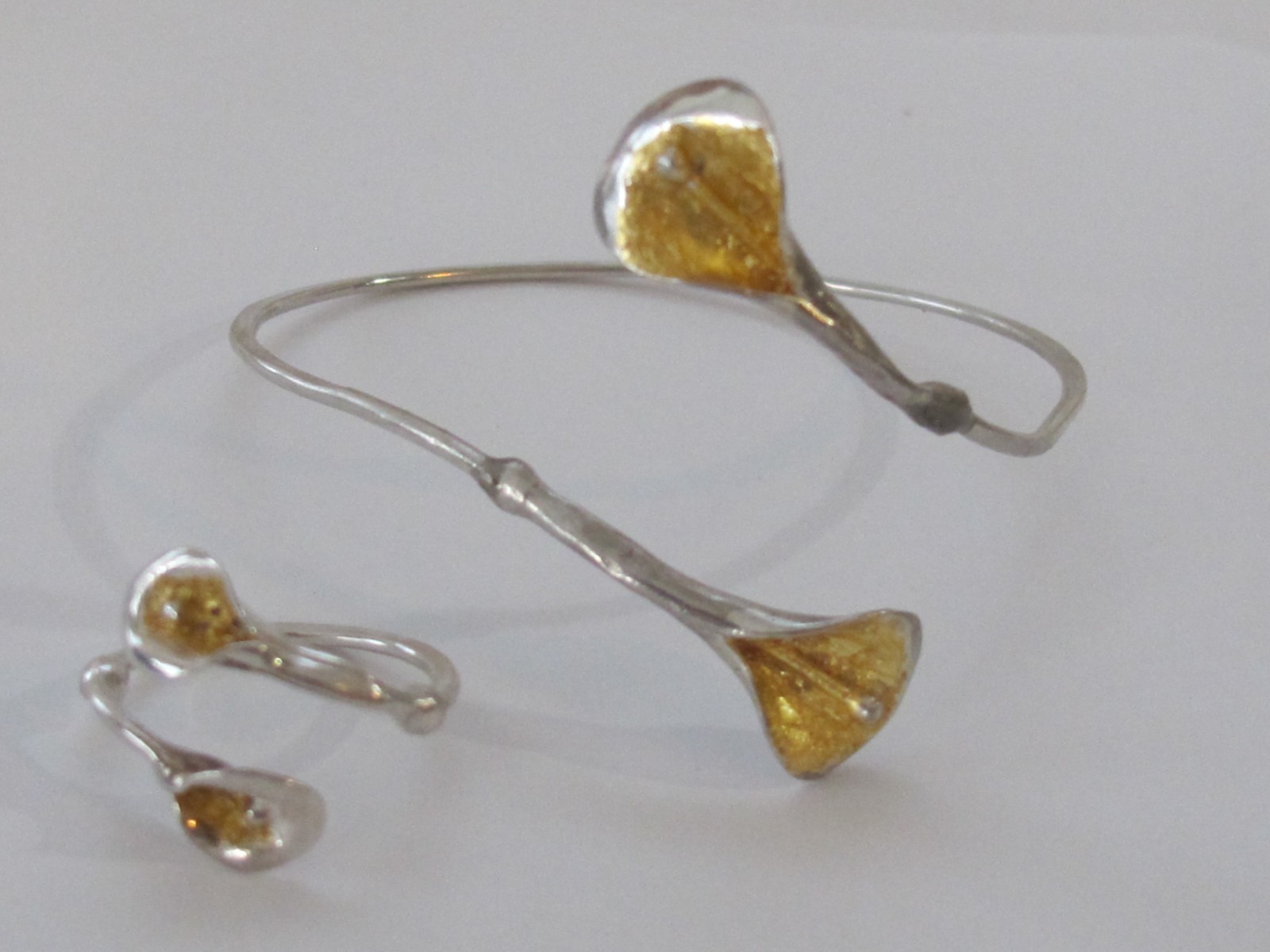 Artisan Sterling Silver 925 & Gold Flower Calla Lily Cuff Bracelet & Ring Set C3