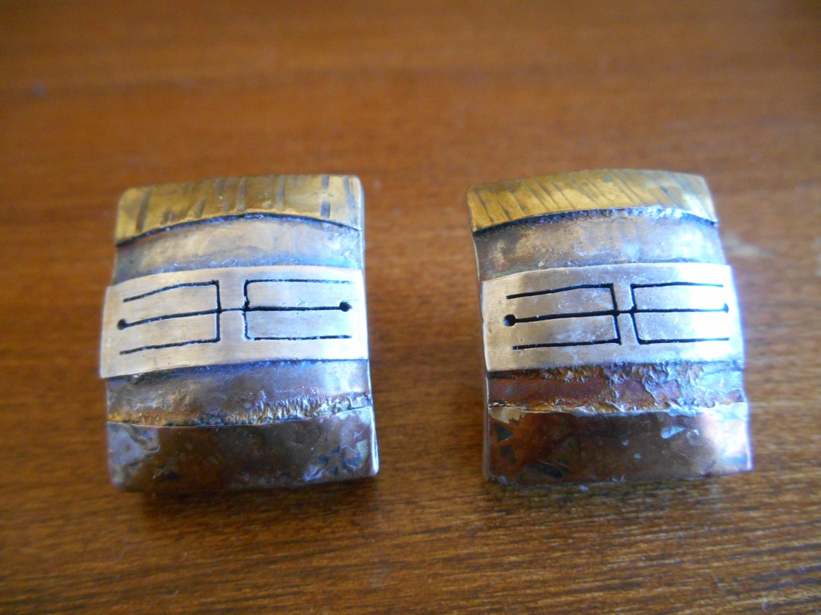 Hand Made Silver Earrings Pierced Type with Brass and Copper Overlay