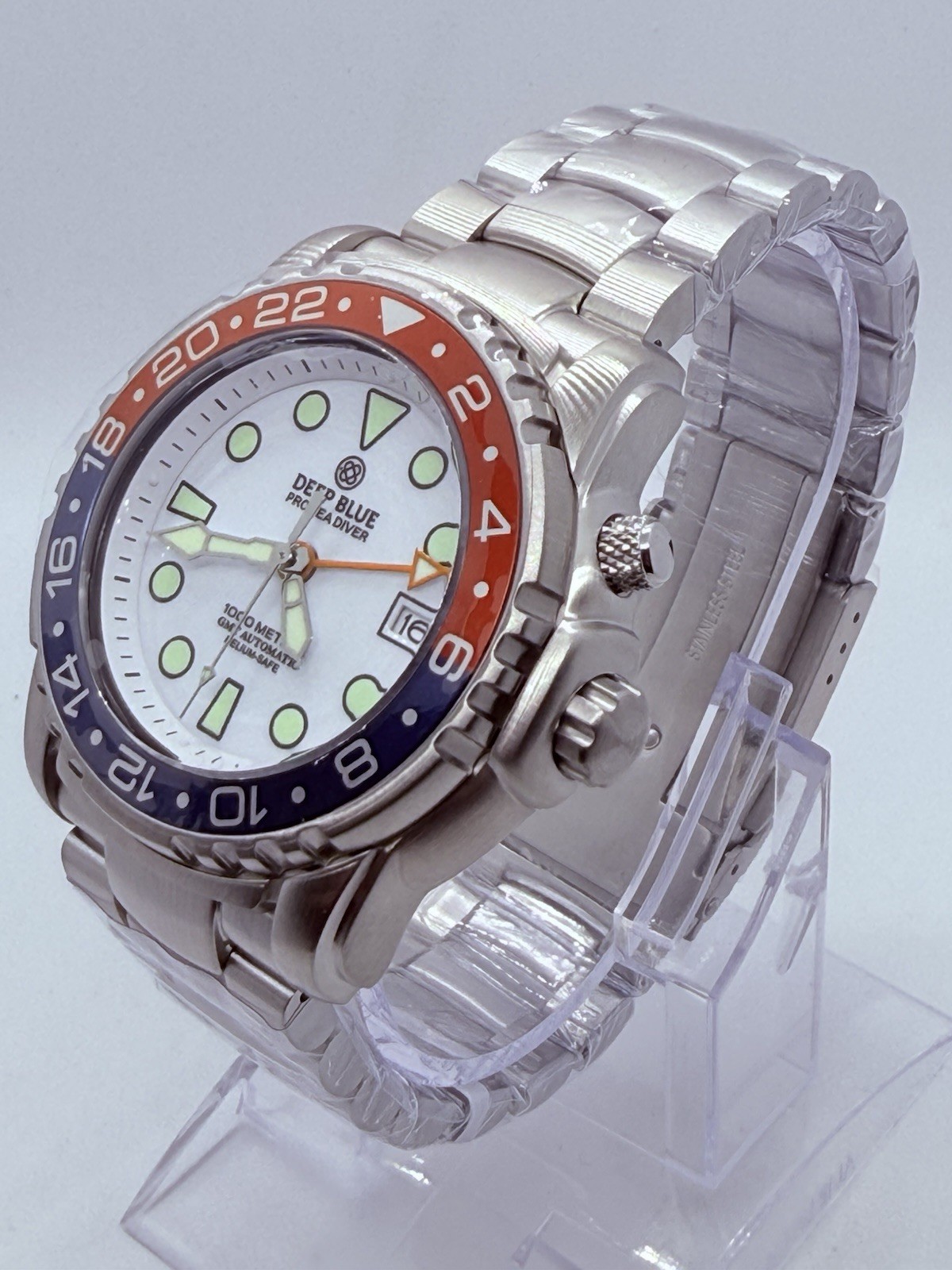 Deep Blue PRO SEA DIVER 1000M GMT AUTO DIVE WATCH-RED/BLUE BZL WHITE DIAL/NEW‼️