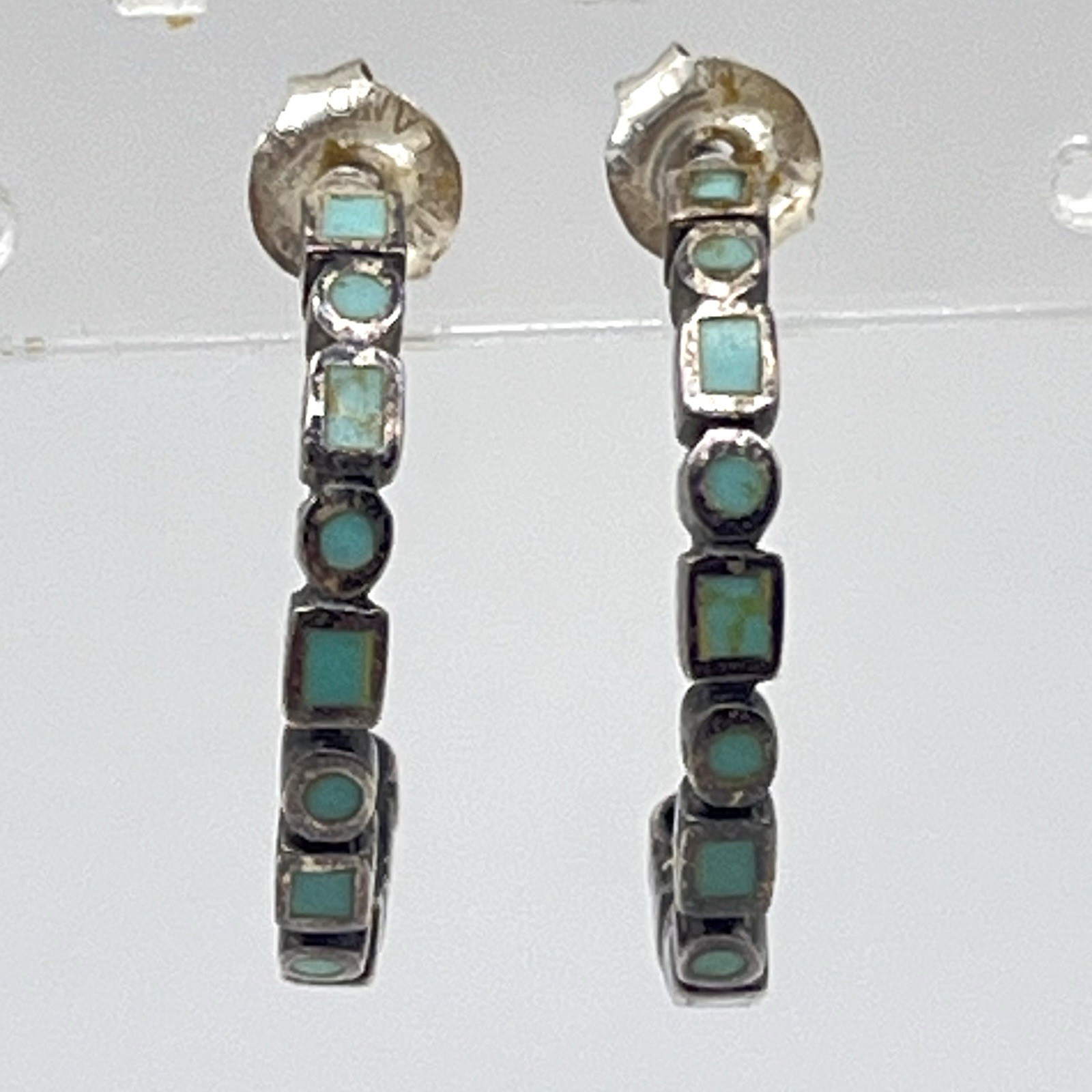Vintage Sterling Silver Earrings Turquoise Inlay Half Hoops Stamped SE 925 1″