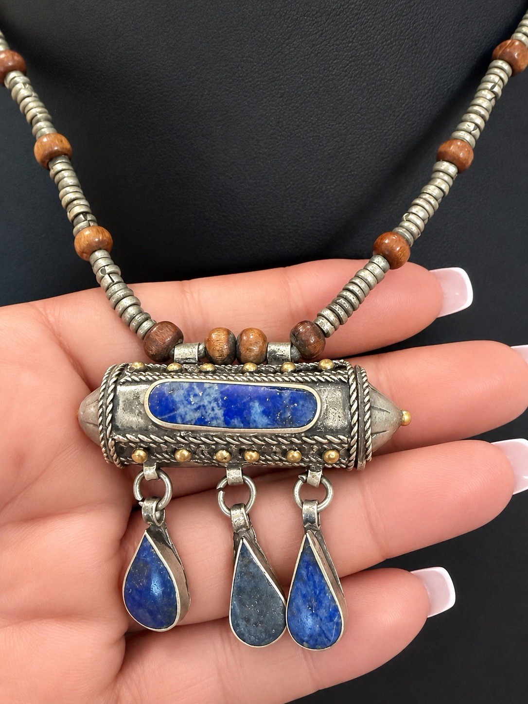 50g 925 Sterling Silver Tribal Blue Lapis Amulet Necklace | Vintage Thai Artisan
