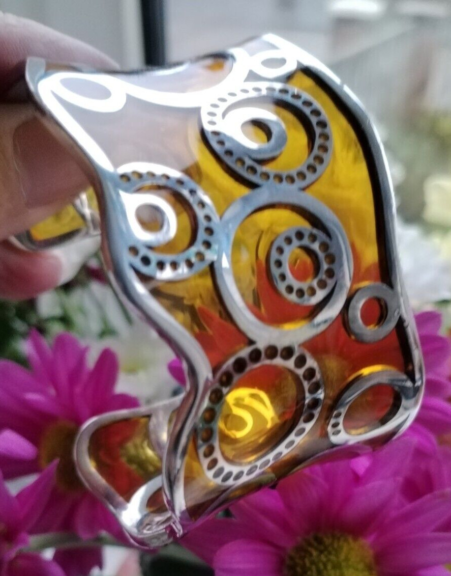 Jou Jou 925 Silver Scrolled Cuff Bracelet Inset With Yellowy Amber Resin
