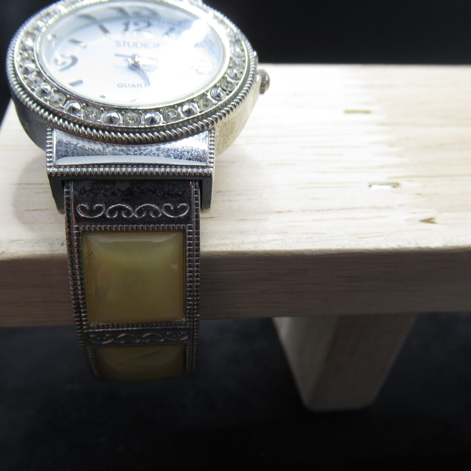 Studio Time Women’s Quartz Bangle Cuff Watch Silver Tone Clear Rhinestones