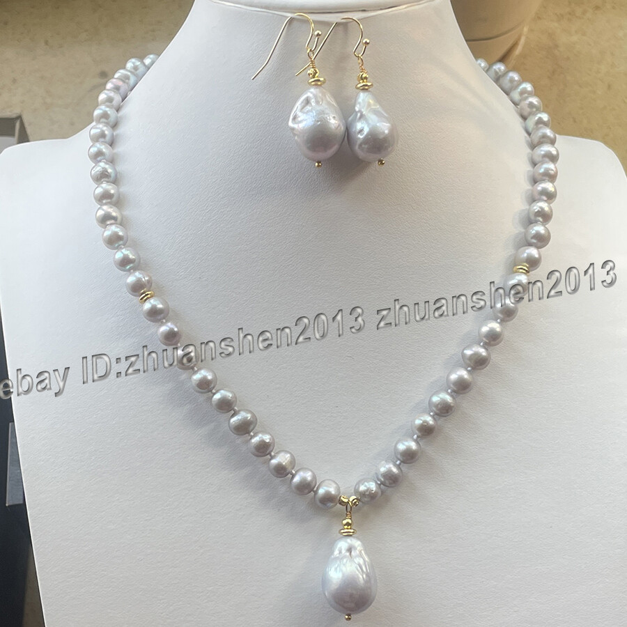 Natural 7-8mm/15x20mm Silver Gray Keshi Baroque Pearl Pendant Necklace +Earrings
