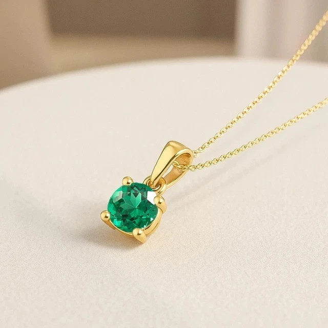 1Ct Round Cut Lab-Created Emerald Solitaire Pendant Sale 14k Yellow Gold Plated
