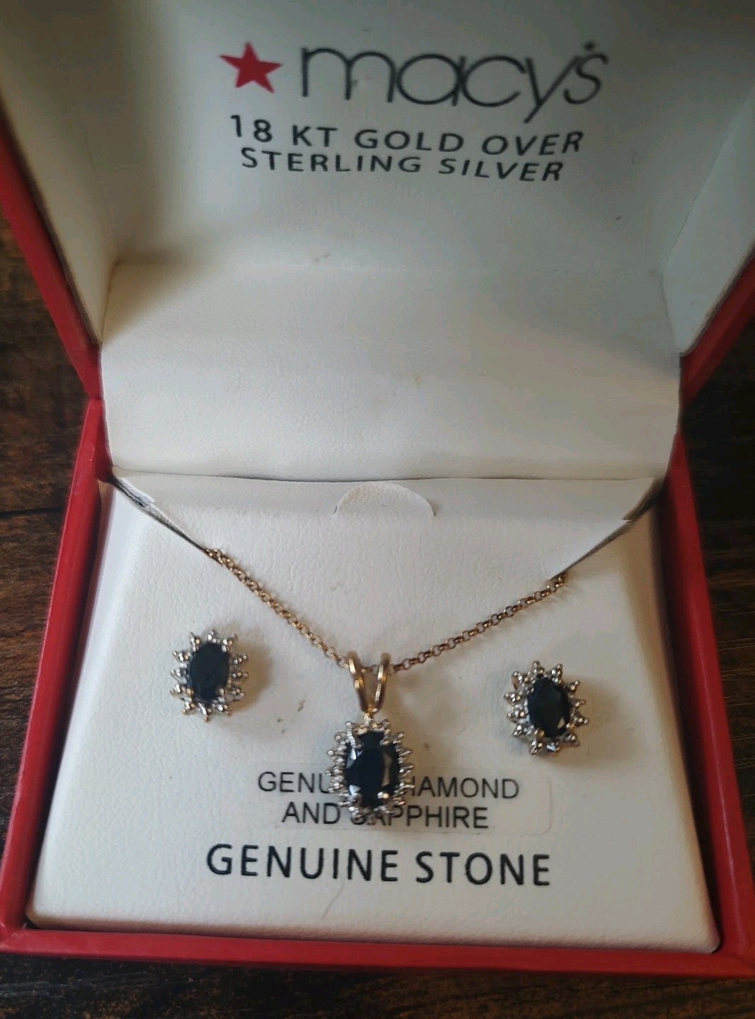 Macy’s genuine Sapphire & Diamond Halo Pendant Necklace Stud Earrings Set w/ Box