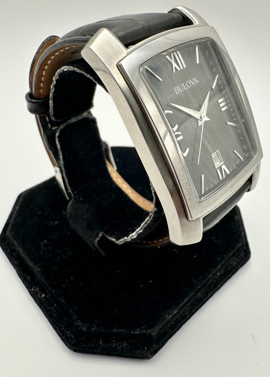 BULOVA Quartz Tank, 31mm Silver-Tone/Black Leather Band, Ref. 96B269; Fast Ship!