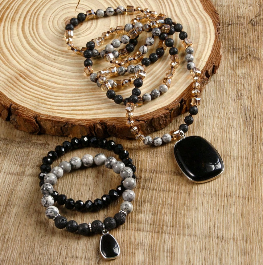 Obsidian, Jasper, Lava Rock & Glass Bead Necklace & Bracelet Set – 18.5″ Black