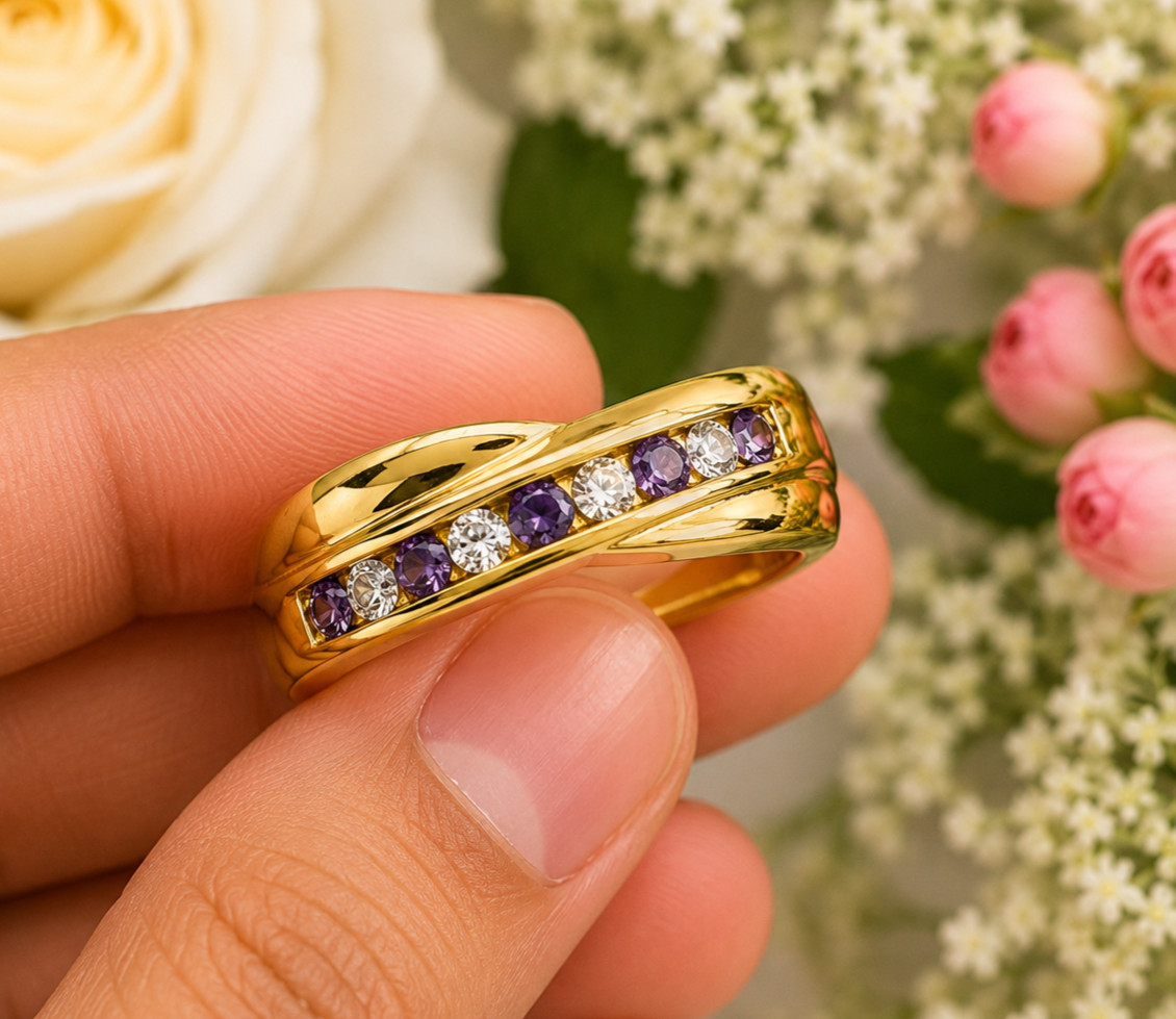 1Ct Round Lab Created Amethyst Wedding Band Ring 14K Yellow Gold Plated Silver