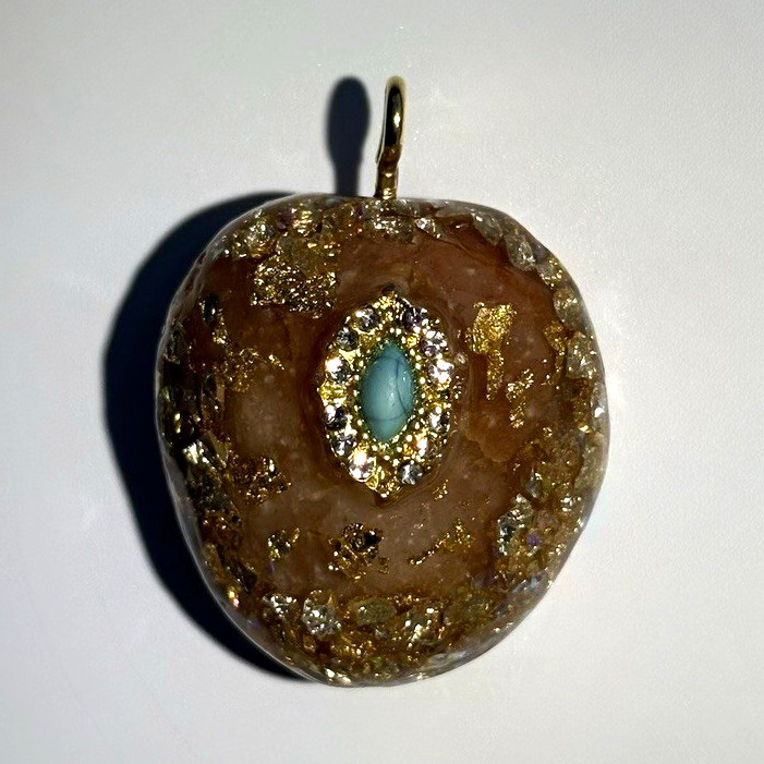 Castille Heart Charm Pendant Resin Gold Tone w/ Blue Oval Crystal Bezel