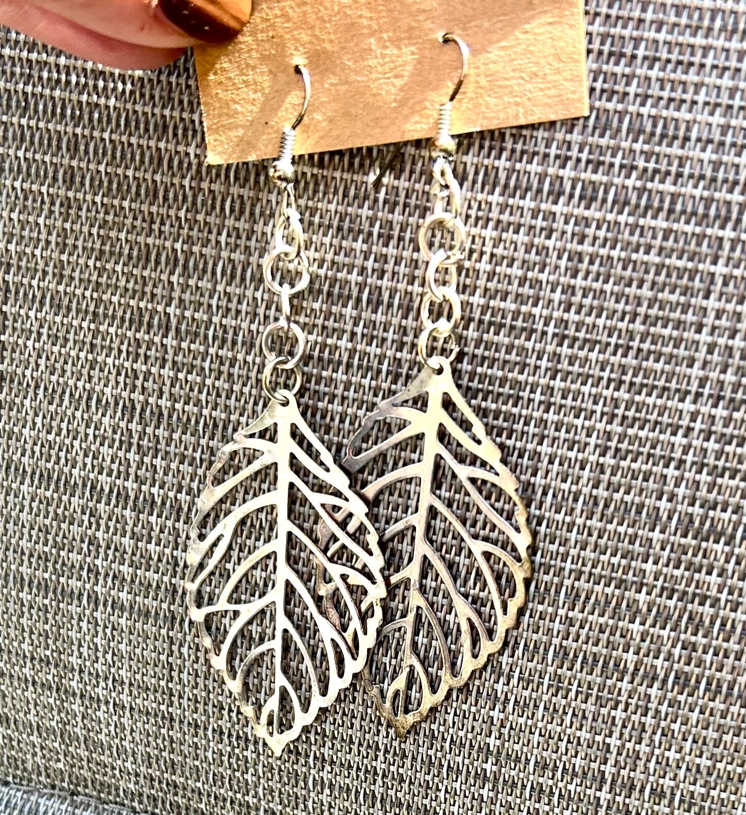 Leaf Earrings Filigree Hand Made Silver-tone Dangly