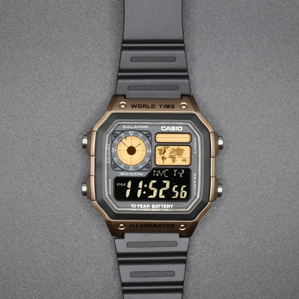 CASIO AE-1200WHD. Royale World Time Watch Mod. Gold Filter. Negative Display