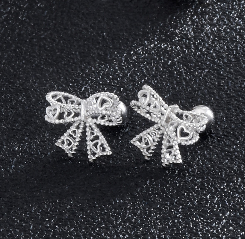 Sterling Silver 925 Hollow Bow Knot Screw Back Stud Earrings Women Gift Box I44