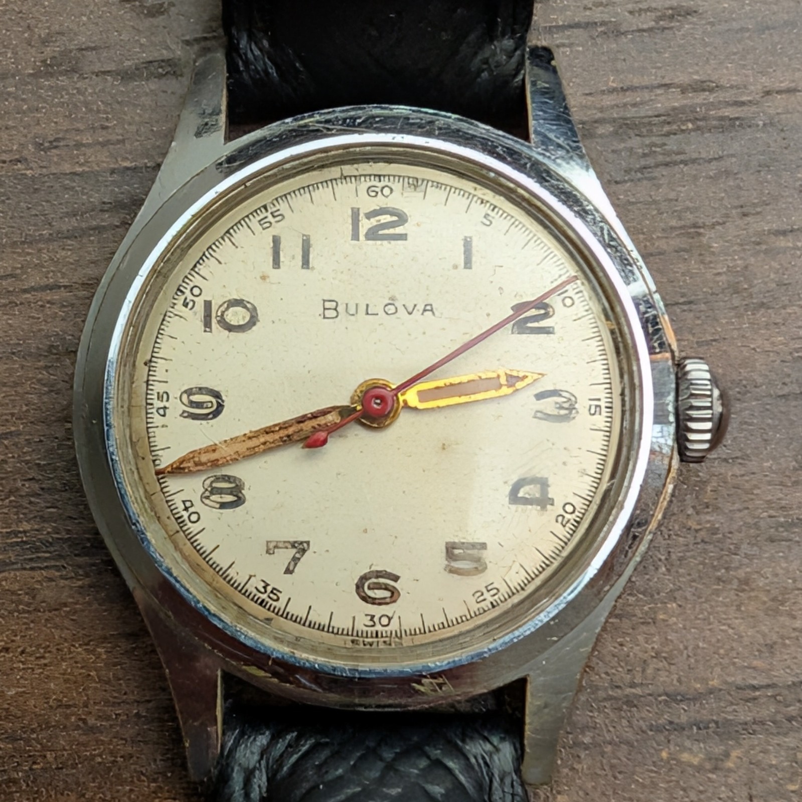 30mm 1950s Bulova 15 Jewels Field Manual Watch Red Hand. READ. Works. AS IS.