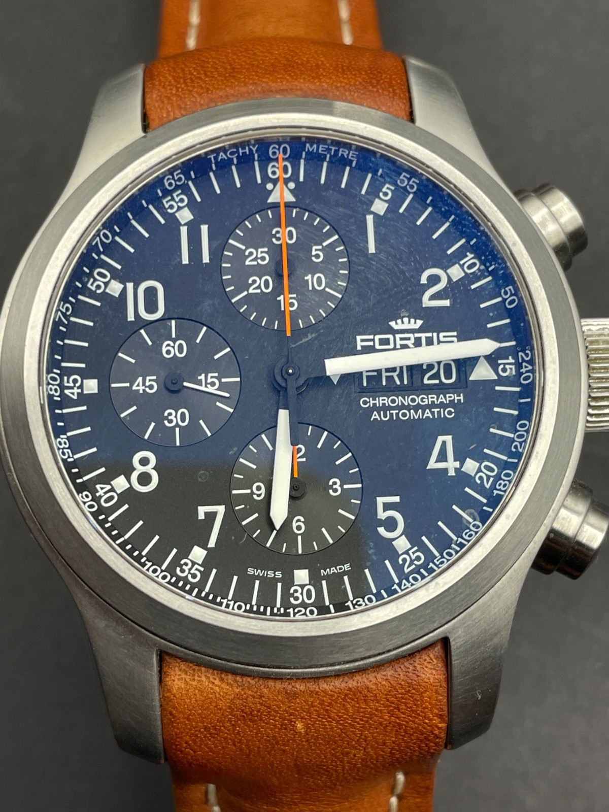 Fortis Pilot B42 Valjoux 7750 Chronograph Watch Black Dial Brown Strap $2895