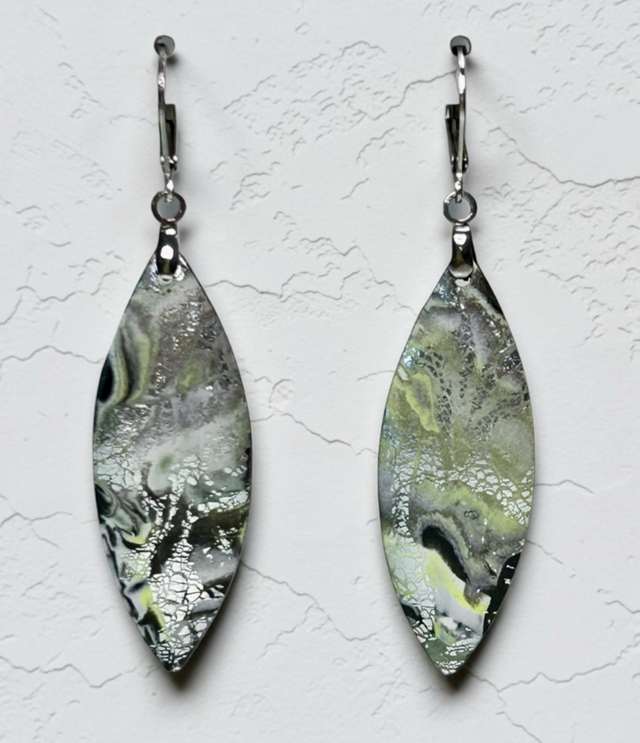 Green Black Silver Marbled Print Handmade Polymer Clay Dangle Earrings SS Wires