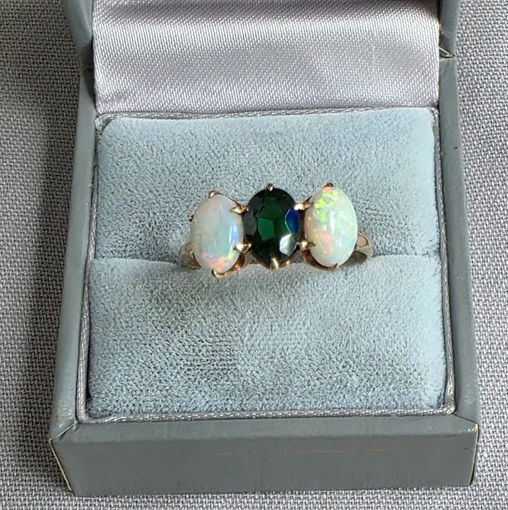 Antique Trilogy Ring Vibrant Opals and Deep Green Center Stone 10k Gold Superb!