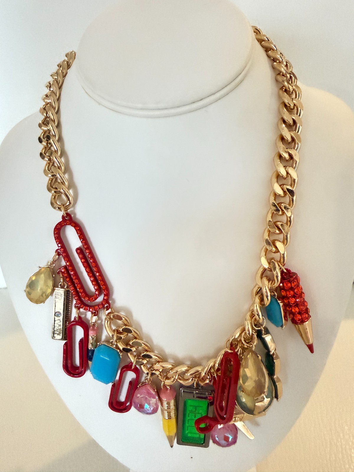 NWT Betsey Johnson Back To School Charm Statement Necklace Teacher Gold Tone