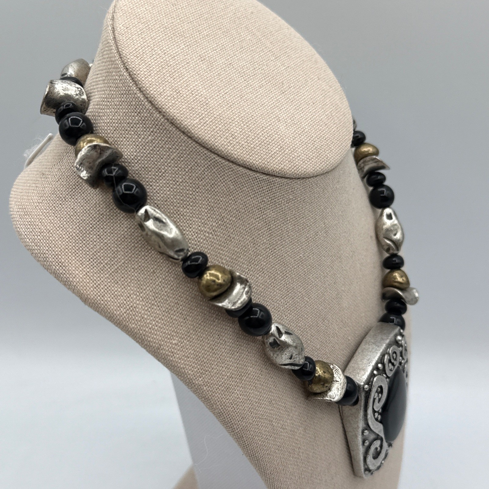 Chico’s Statement Necklace Black Silver Gold Scroll Pendant Boho Tribal Artisan