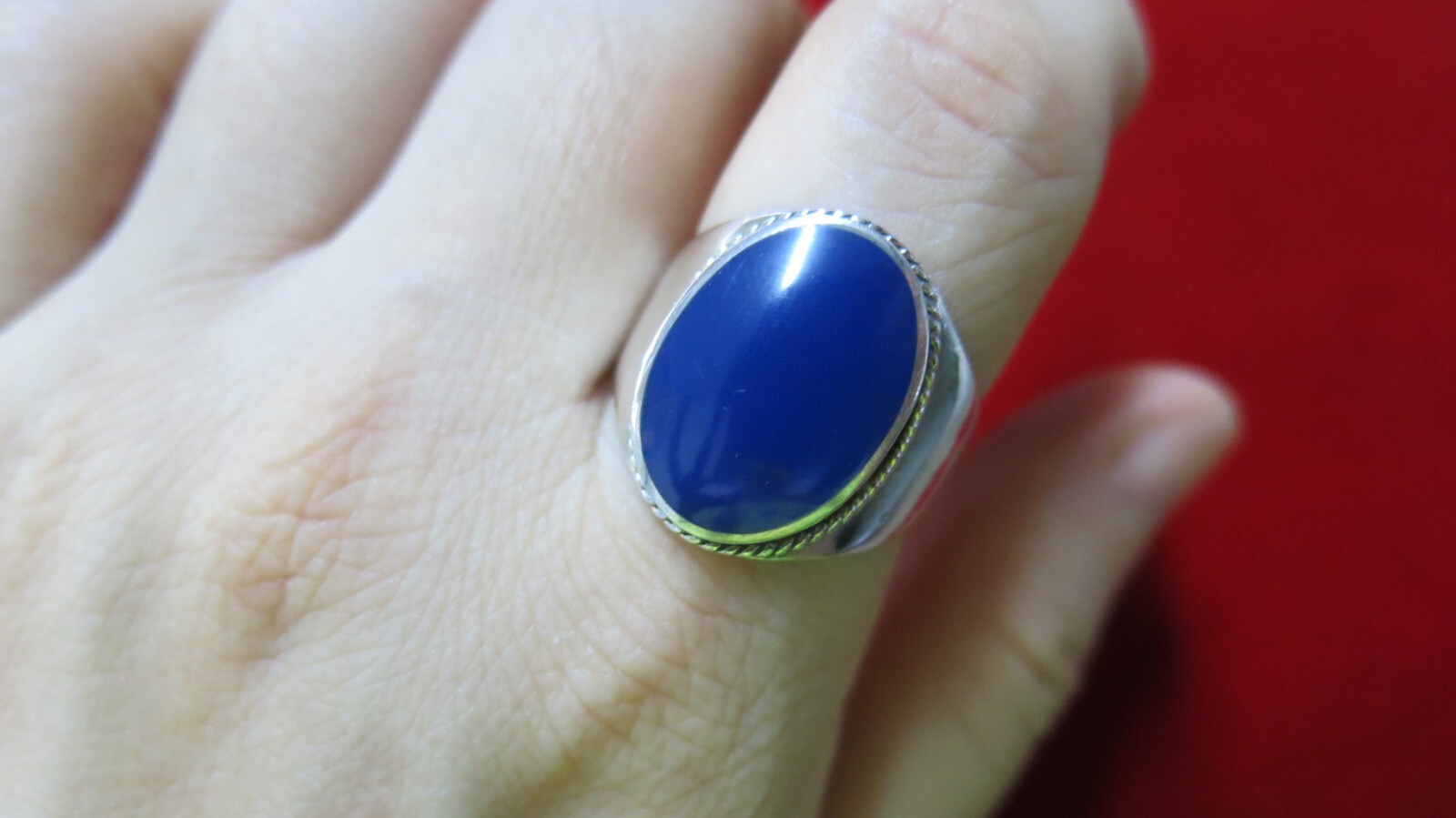 Egyptian 925 Sterling Silver Blue Agate Ring Unique Design Size 9.5