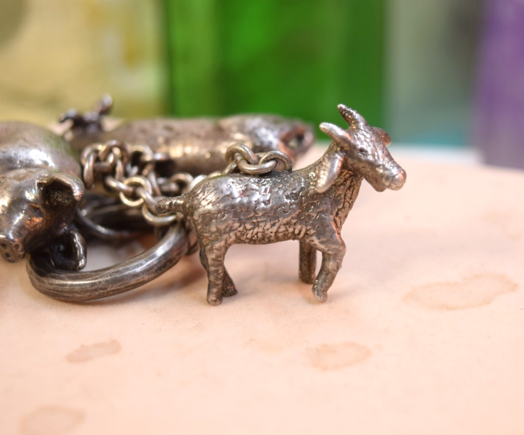 Susan Cummings Sterling Farm Animal Big Charm Pendant Necklace Cow Pig Goat 30″