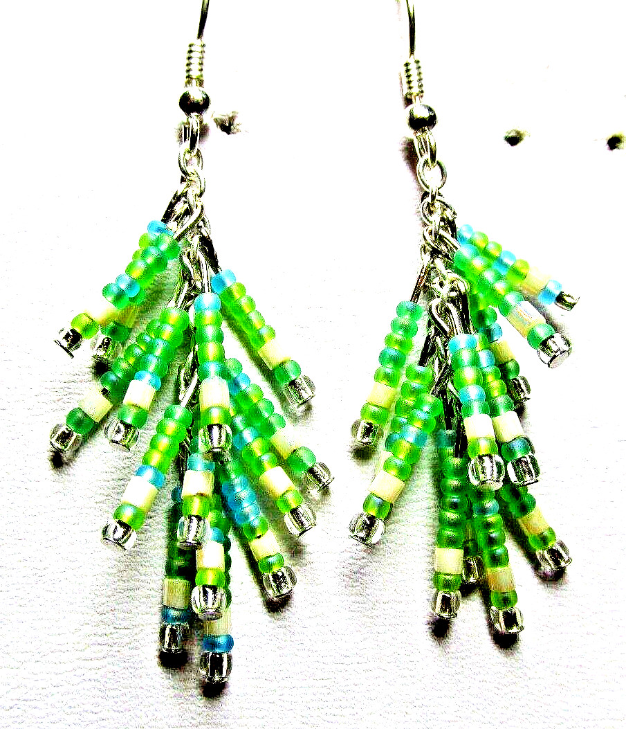 Silver Green, Blue & Ivory Glass Seed Beaded Tassel Pierced Earrings -NEW (#290)
