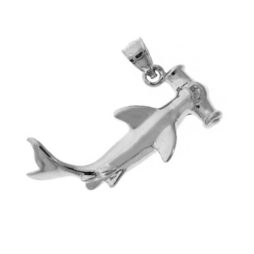 Rhodium Plated 925 Sterling Silver 30MM Long Hammerhead Shark Pendant