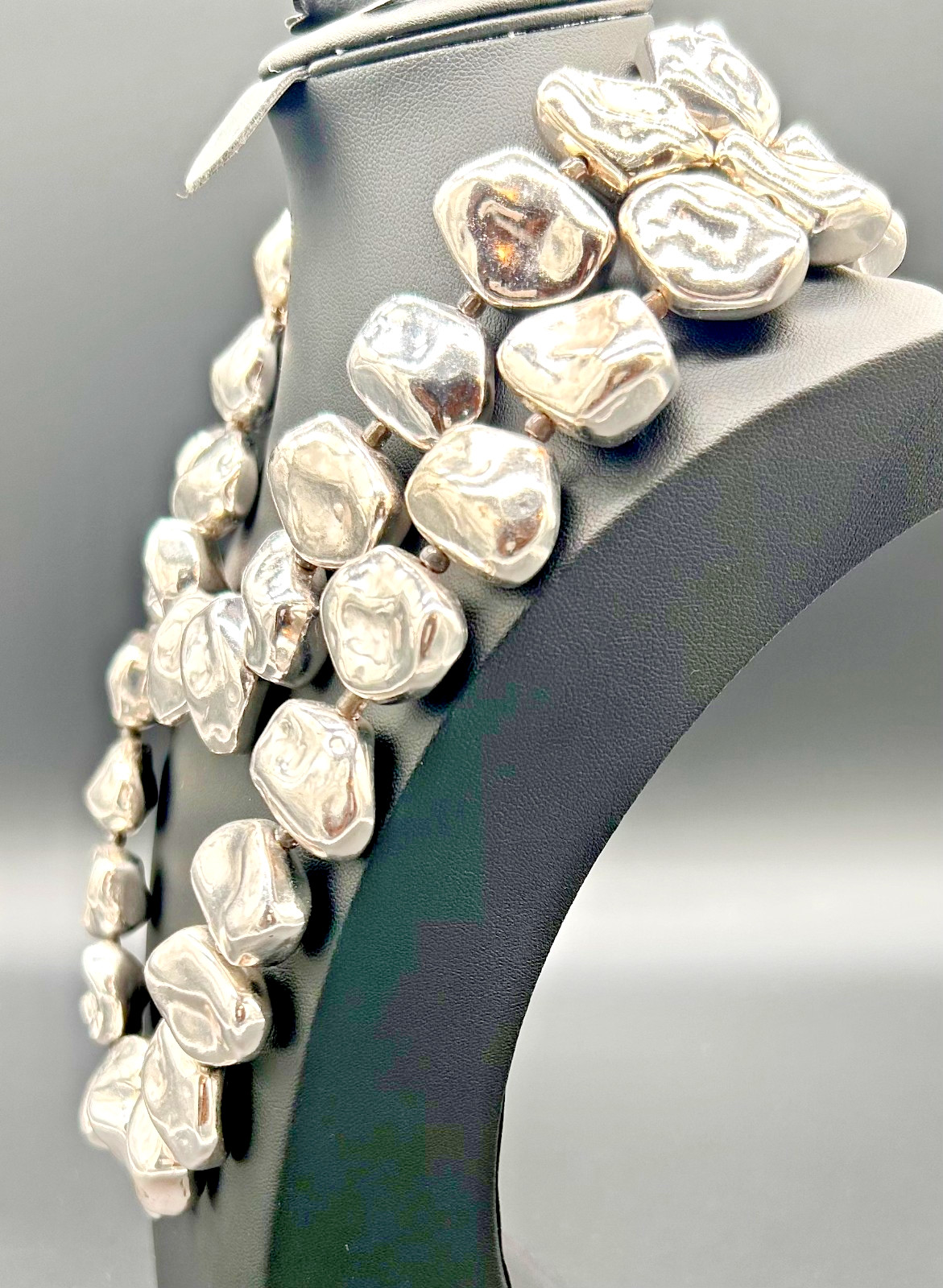 Chico’s Silver Tone Chunky Nugget Pebble Bead Statement Necklace 21″ Long Signed