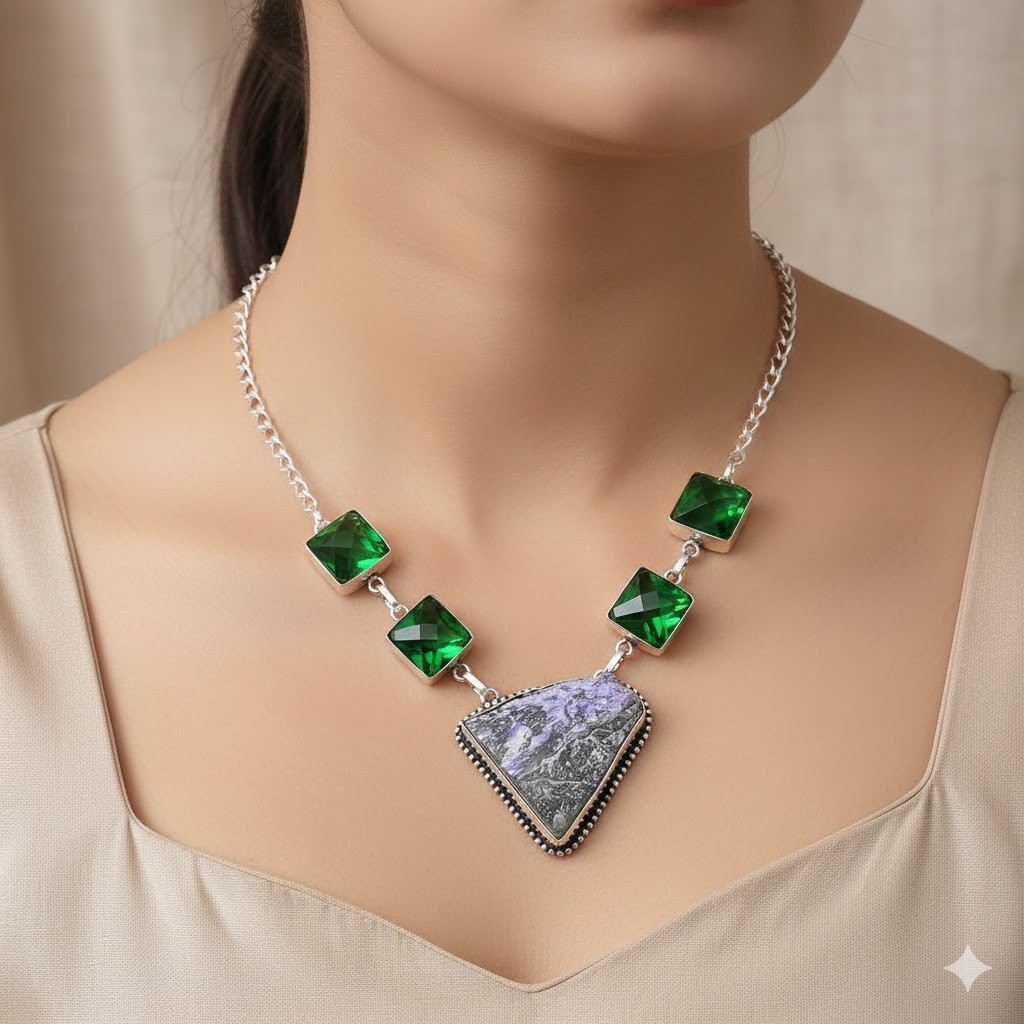 Russian Charoite, Diopside Gemstone 925 Sterling Silver Necklace v377