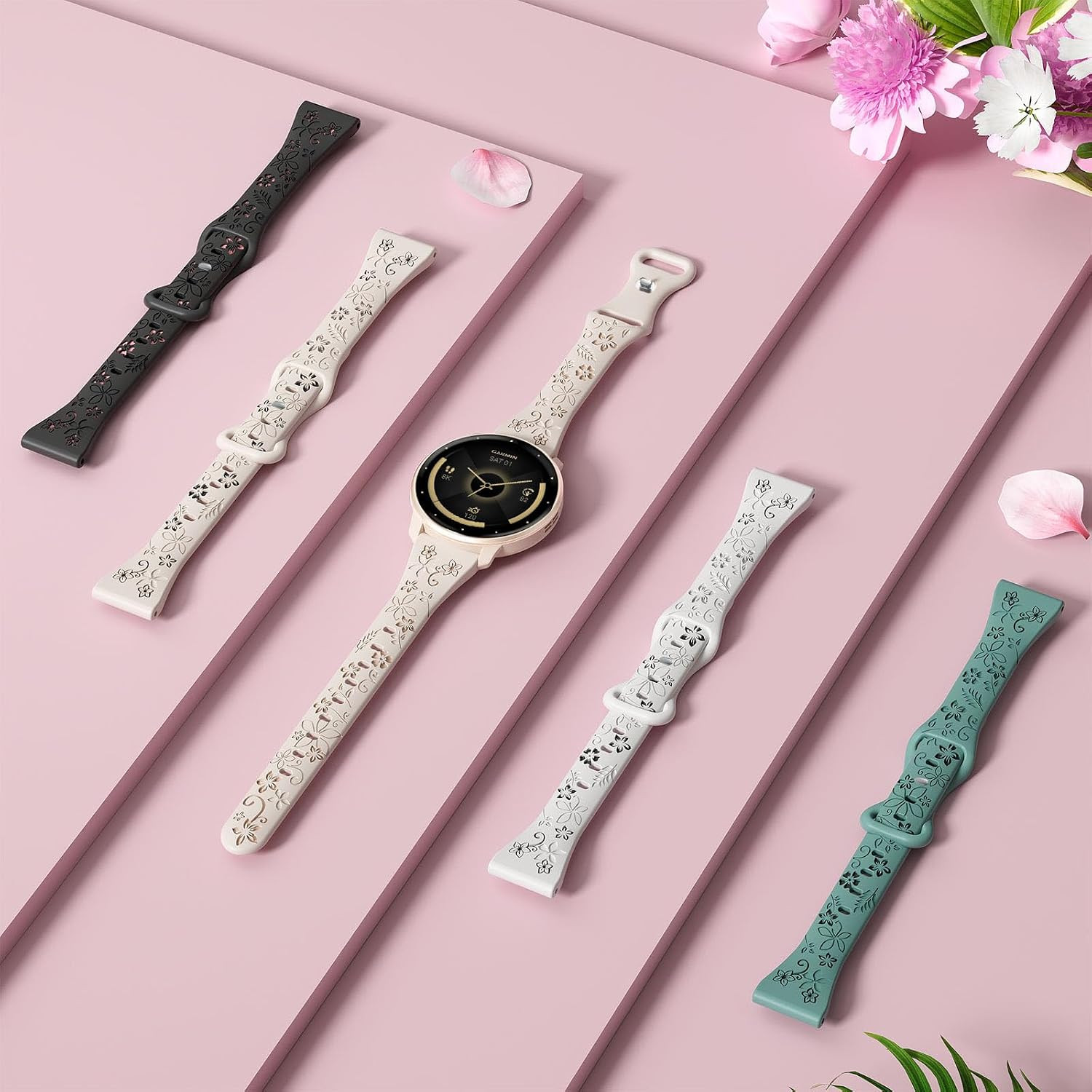 18Mm Floral Engraved Slim Silicone Watch Bands Compatible with Garmin Venu 3S/Ve