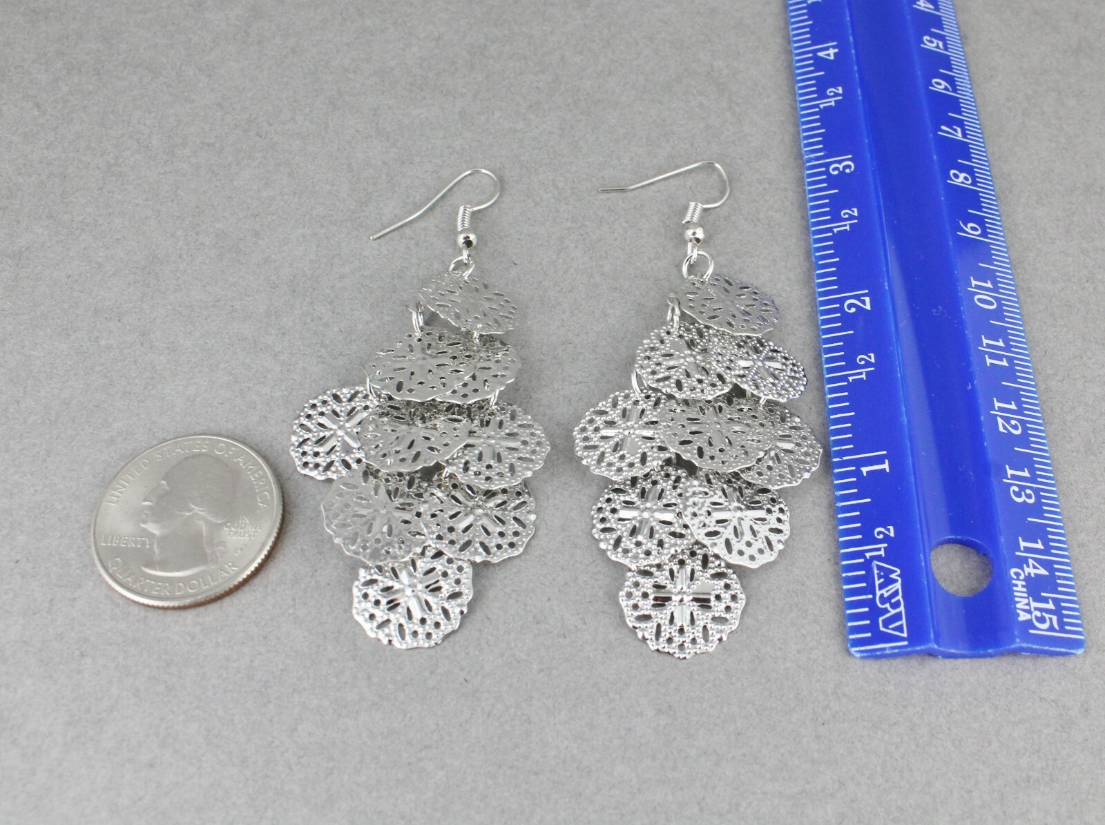 Silver chandelier earrings filigree dangle pendant wiggly 3″ long lightweight
