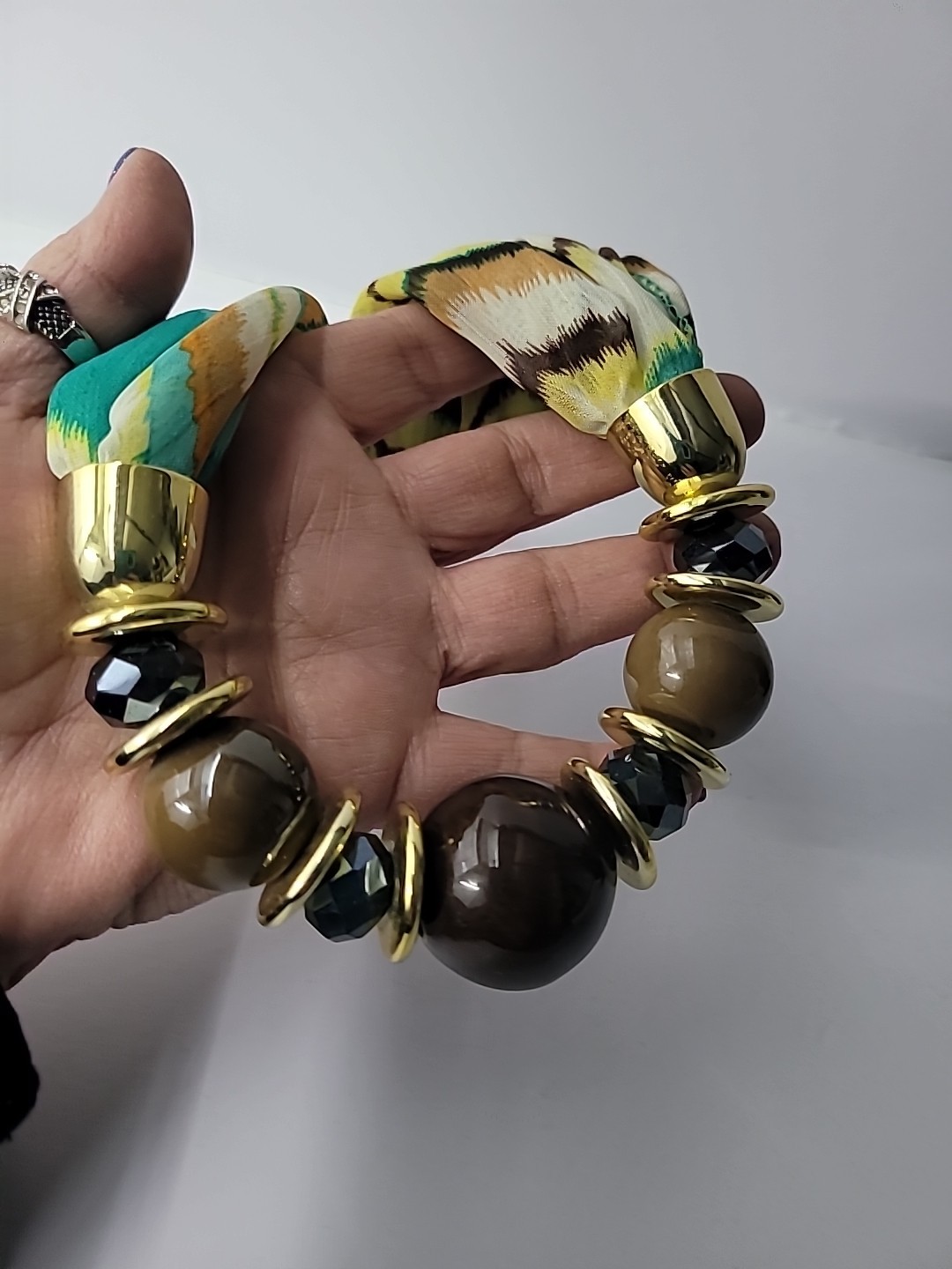 Vintage Boho Statement Necklace Fabric Beads Resin Gold Tone Boho Boutique