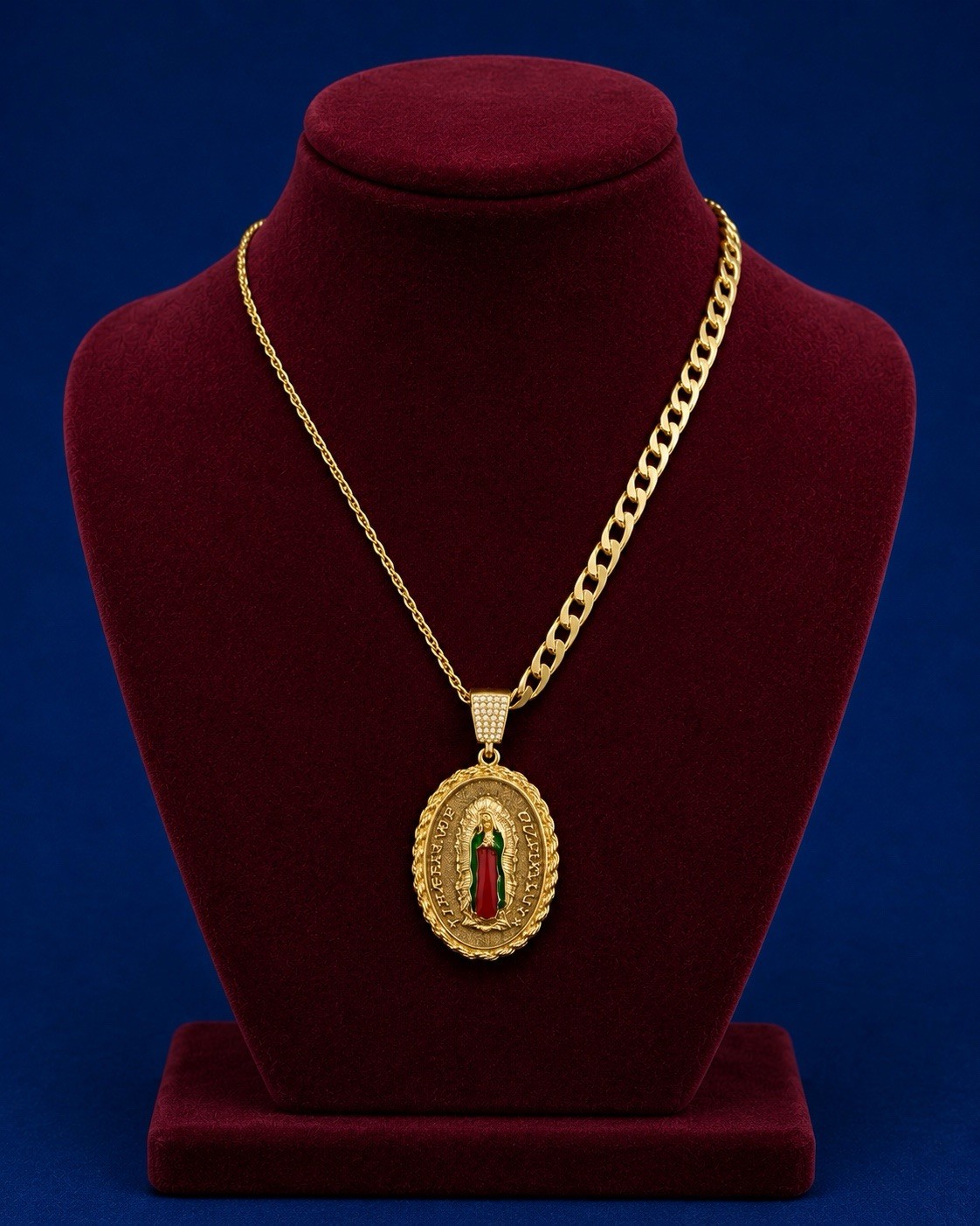 Gold Plated none tarnished Cuban Link Oval Medal Religious Pendant Necklace