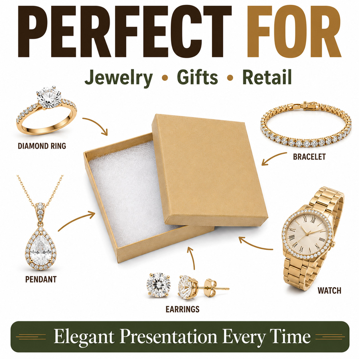 100 Natural Kraft Jewelry Gift Boxes Cotton Filled 3.5″ x 3.5″ x 1″