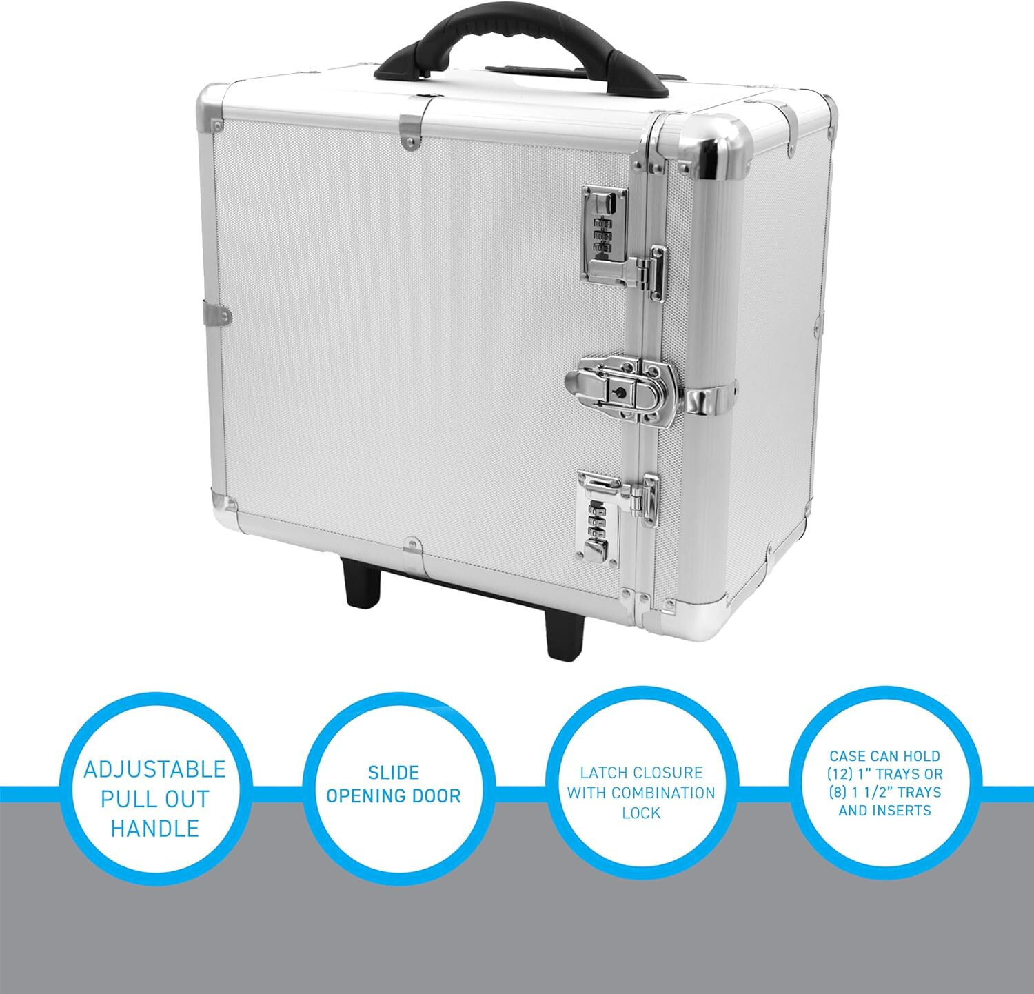 Aluminum Jewelry Storage Organizer Case Cabinet Rolling 16 3/8″ Combination Lock