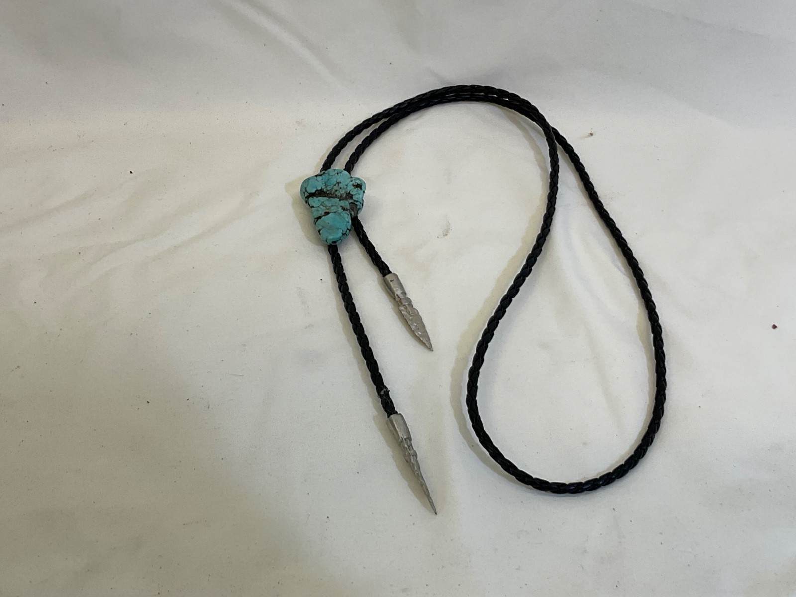Western Turquoise Stone Bolo Tie 38 inch Black Leather Cord with Sterling Tips