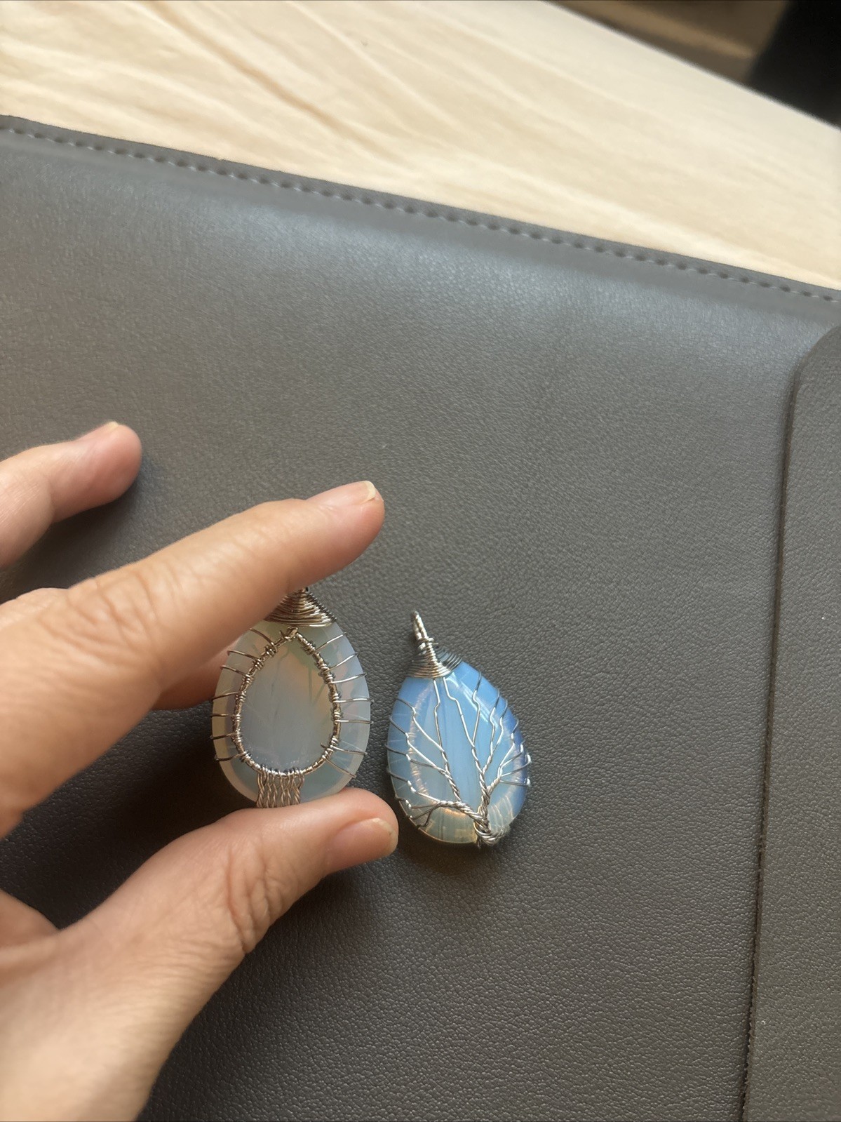 Two Silver Metal Wrapped Blue Stone Pendant tree of life wire wrapped opal like