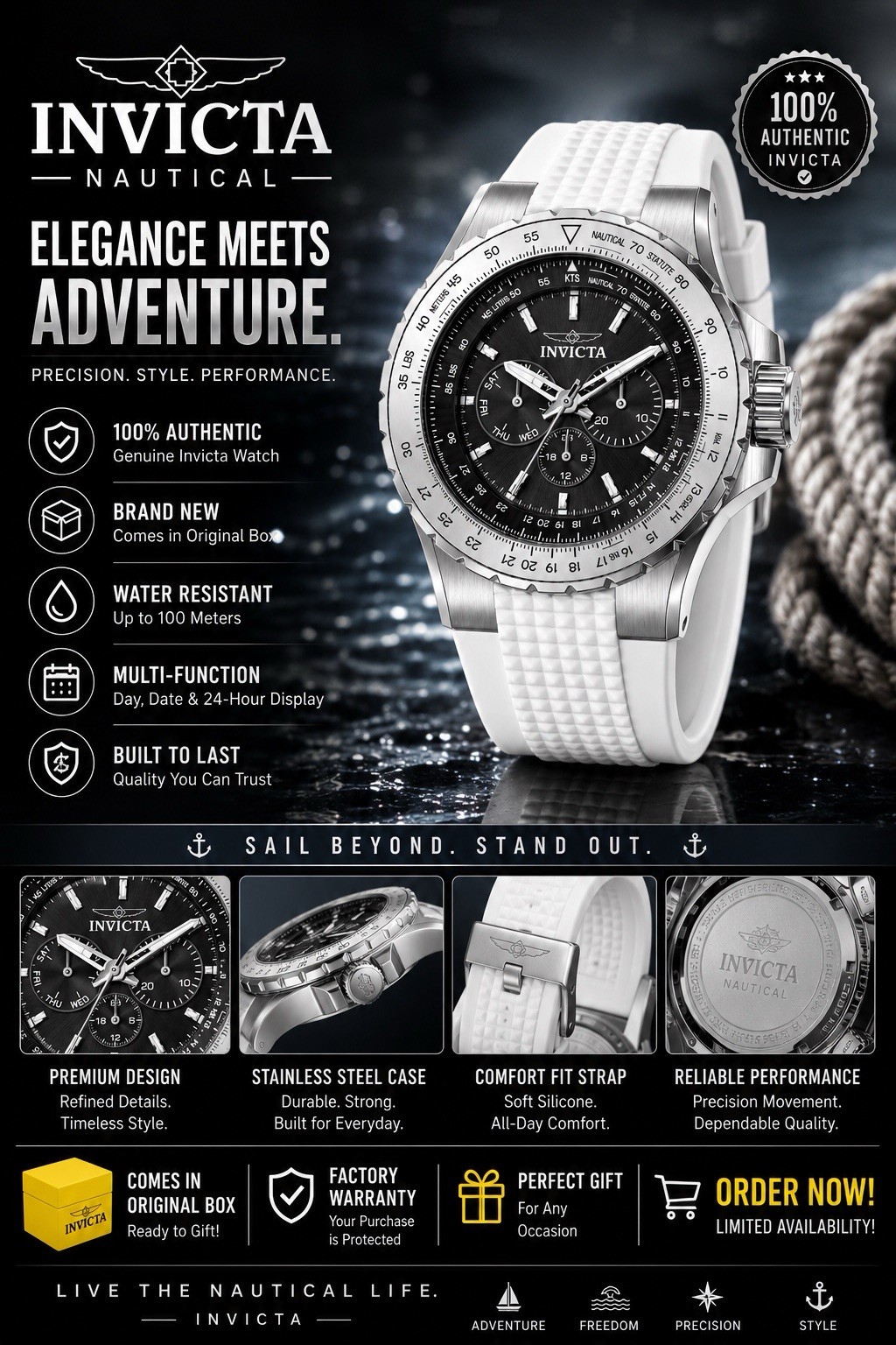 Invicta Nautical Men’s Quartz 45mm Black Dial SS Case White Strap 100m Day