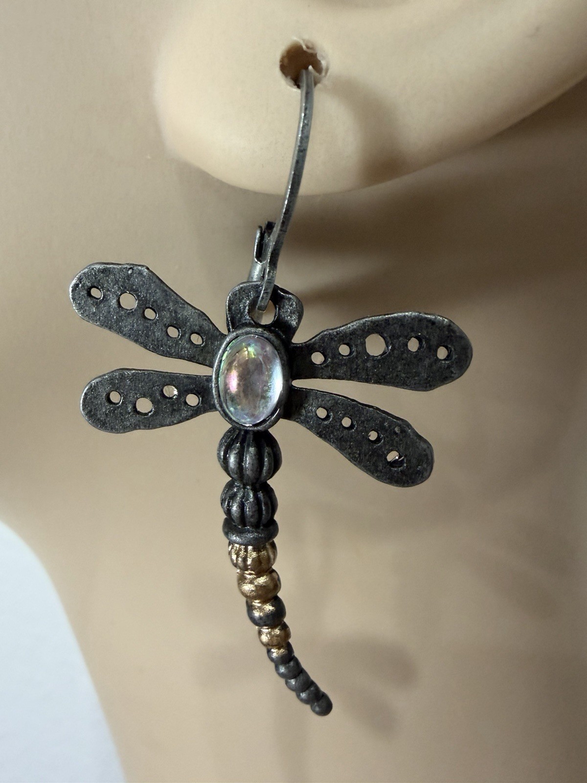 Dragonfly Dangle Leverback Earrings Iridescent Accent Gold Tone Beads
