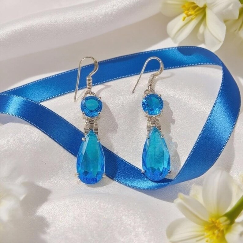Handmade Sky Blue Crystal Teardrop Earrings Dangle Handmade Jewelry Gift