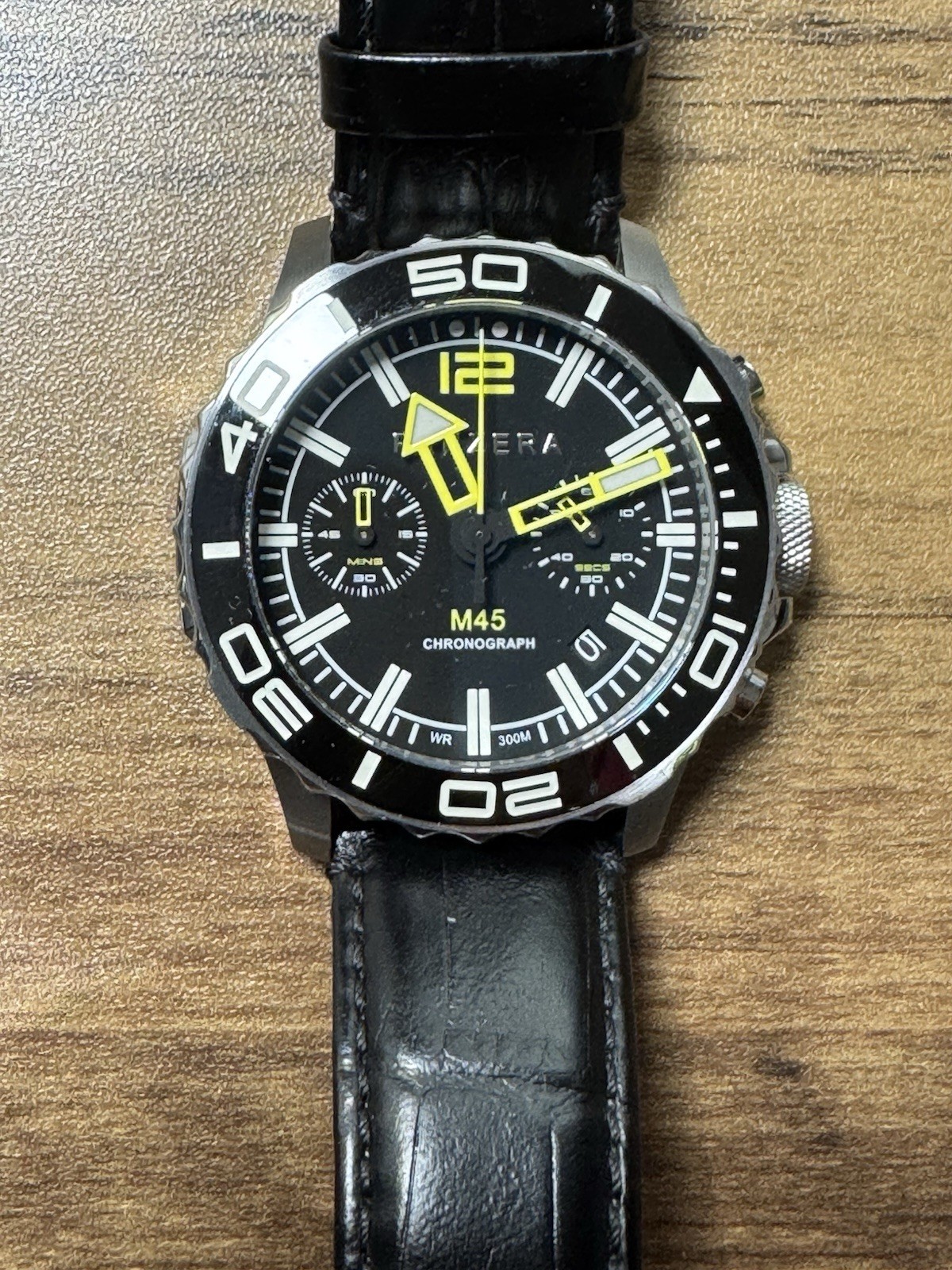 Panzera M45 Chronograph Men’s 45mm Quartz Black Dial Black leather Strap 300m