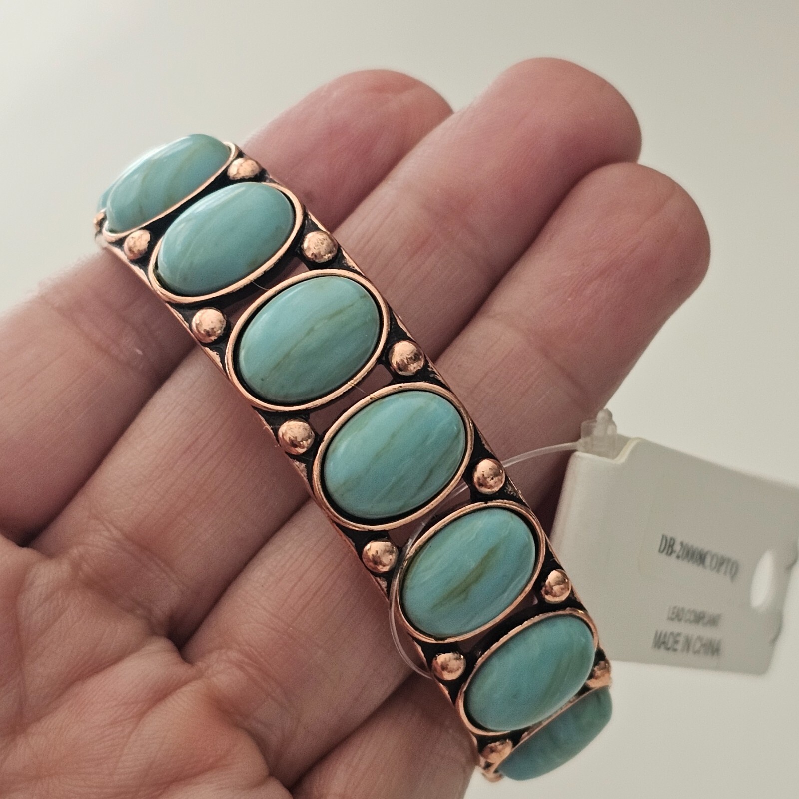 Western Oval Faux Turquoise Stones Cuff Bracelet Copper tone NEW