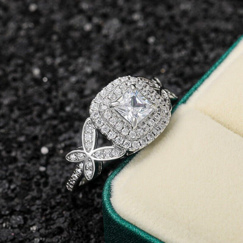 Double Halo Ring 1.50 CT CZ Engagement Ring Thanksgiving Ring Silver Plated