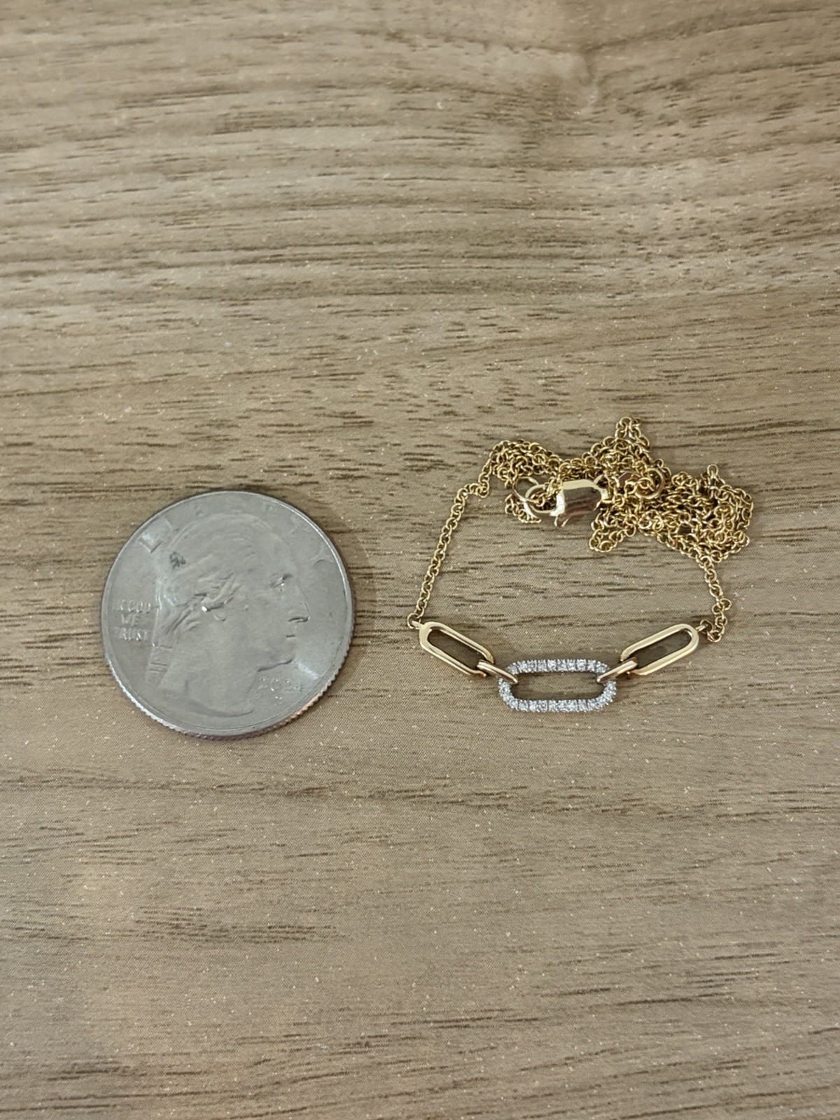 10K Yellow Solid Gold Pave Diamond Triple Paperclip Link Designer Necklace