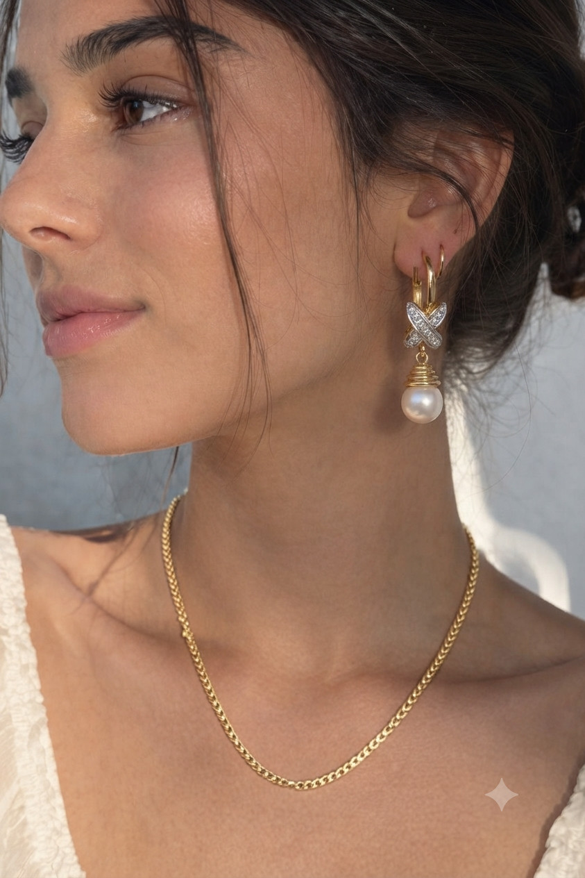 14 karat yellow gold, diamond, and pearl drop hoop earrings 3.3 grams