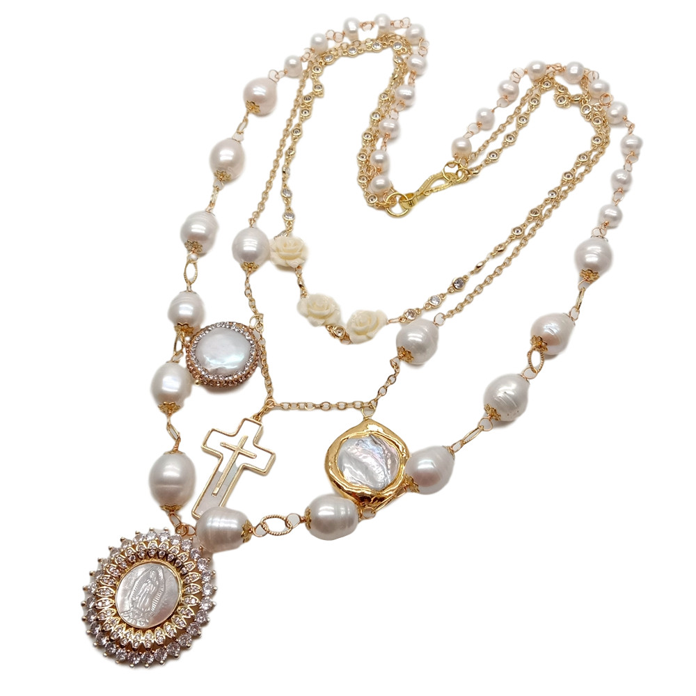 20″ Freshwater White Rice Pearl Gold Plated Chian Layers Necklace Shell Pendant