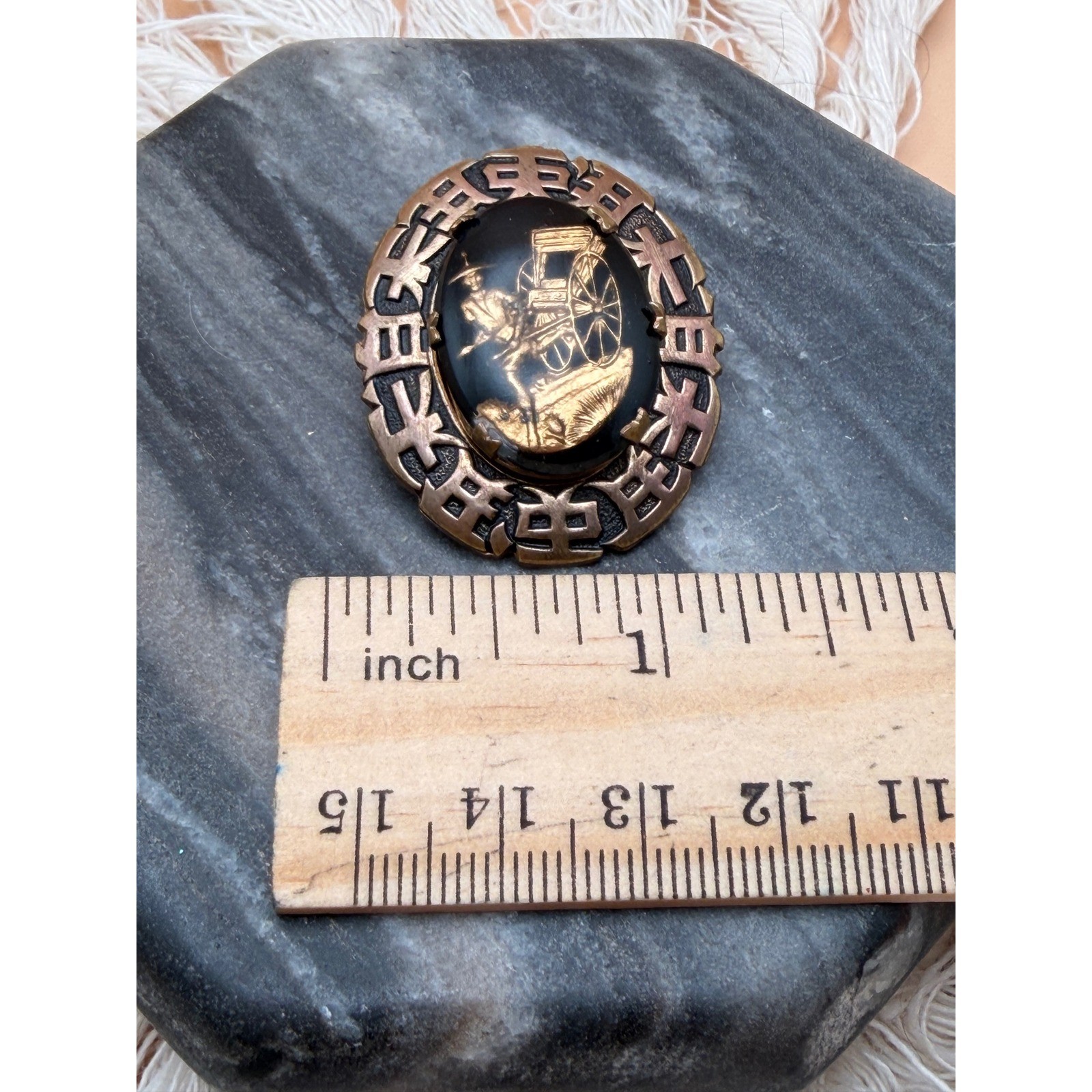 Vintage Damascene Rickshaw Brooch Gold Tone Inlay Japanese Art Deco Pin