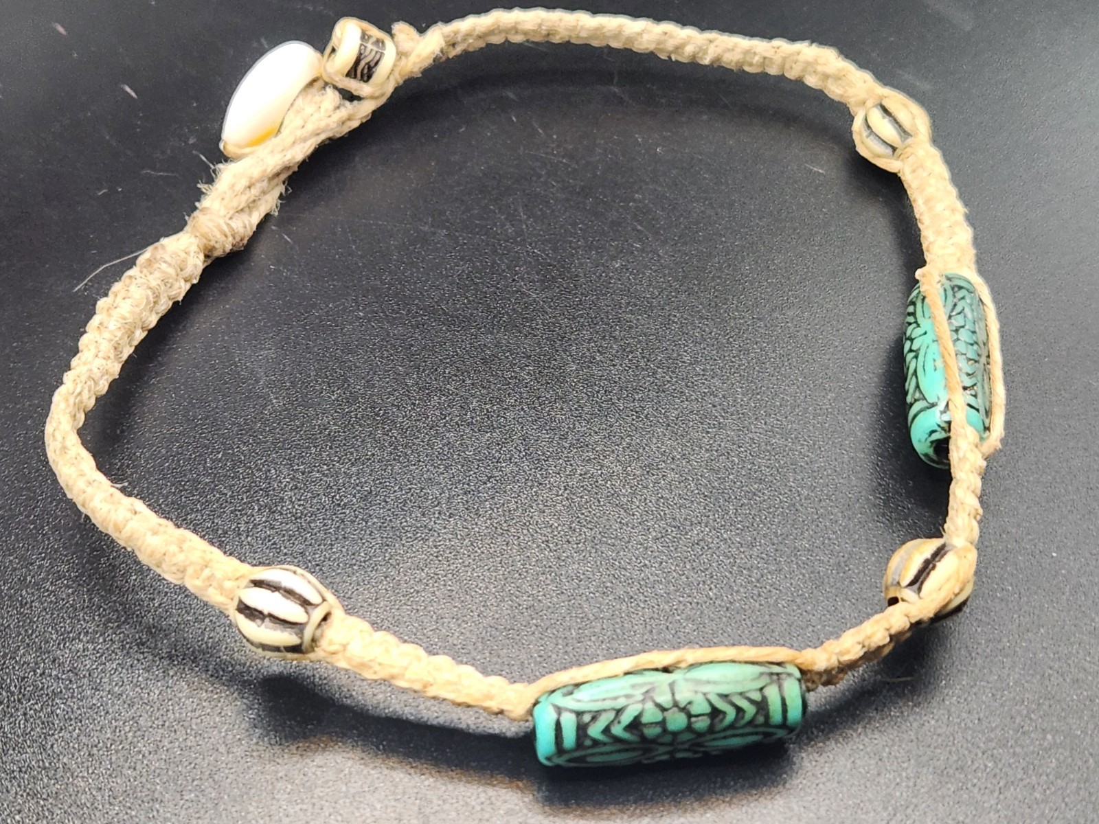 #0404 – 12″ Boho Choker Necklace Hemp Cord Turquoise Color Beads Tribal Style