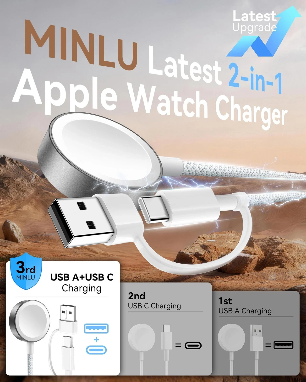 2 Pack Apple Watch Charger Cable USB A/C Magnetic Fast Charging Cord 4FT White